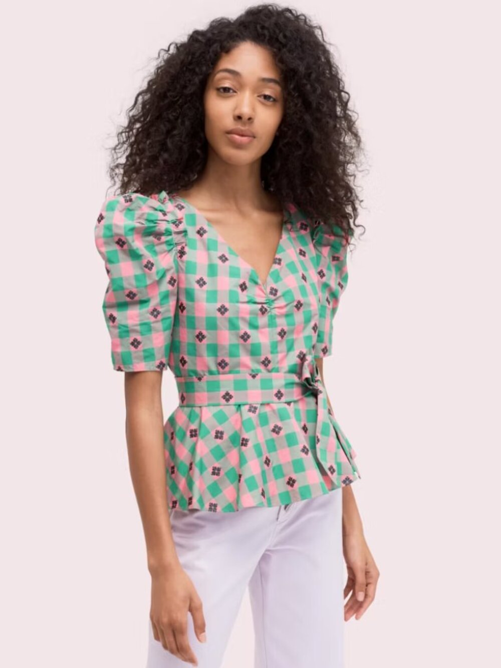 Kate Spade - Pink & Green "Gingham Spade" Blouse - Peplum - Tie-Waist - Size 10